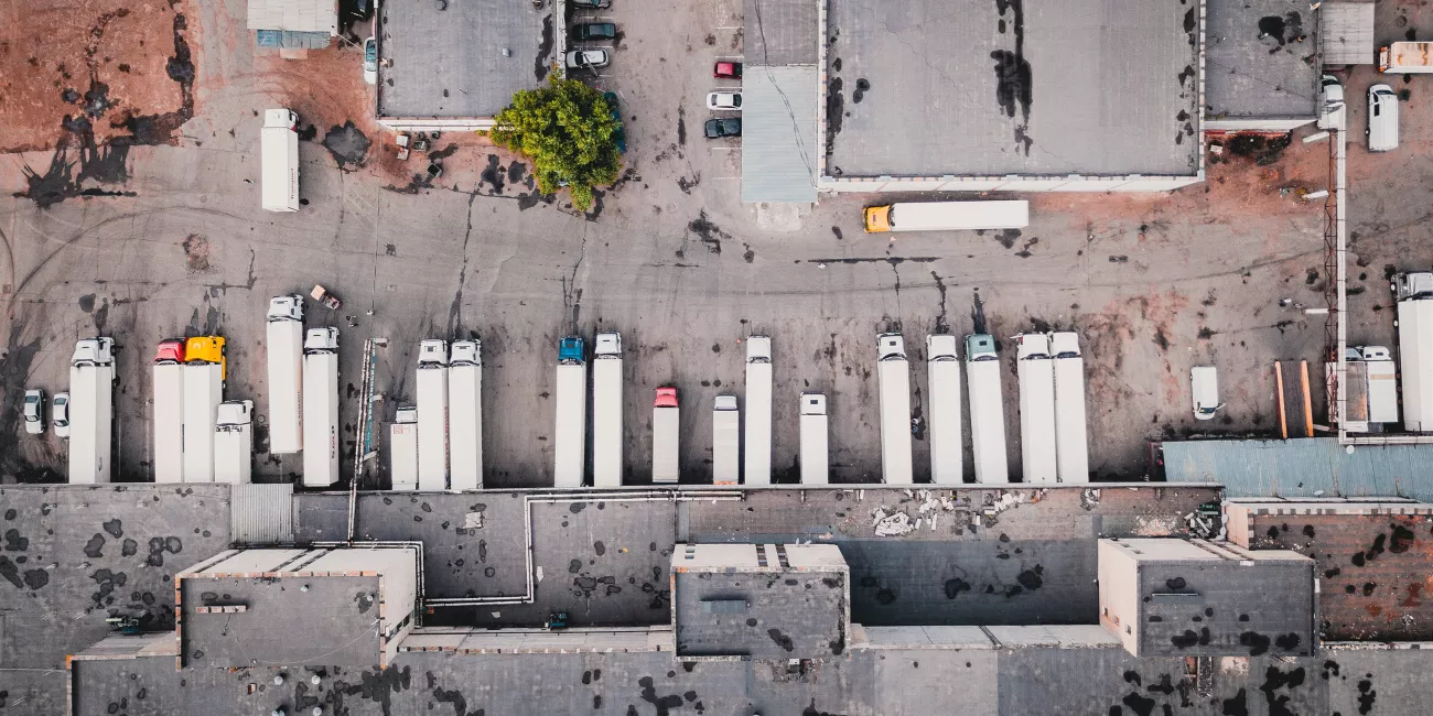 Aerial view of loading docks with trucks